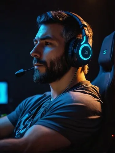 A mature man, muscular build, messy short hair, stubble, casual wear, black gaming headset, holding a controller, leaning back in a gamer chair, Discord open on the screen, dark room with neon lights,