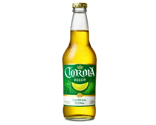 Corona beer bottle, transparent glass, golden liquid, lime wedge, ice cubes, condensation droplets, green label, crown cap, solo, 3/4 composition, shallow depth of field, warm lighting, soft focus, mo