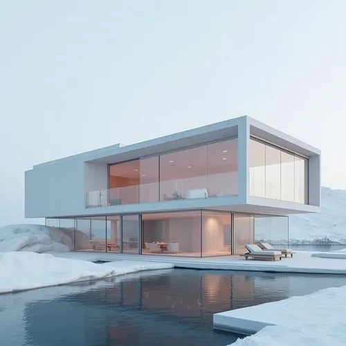  ,a building on top of a body of water with snow,snohetta,dunes house,modern house,winter house,house by the water,cubic house,3d rendering,render,modern architecture,cube house