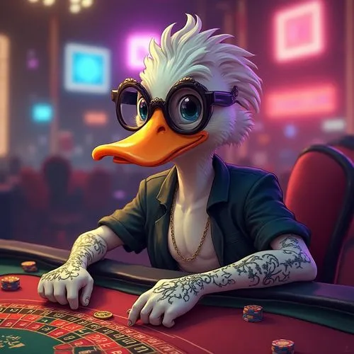 Um pato antropomórfico em estilo caricatura, usando tatuagens modernas nos braços e óculos juliet, vestido de forma elegante. Ele está em um cassino, jogando roleta em uma mesa cheia de detalhes chama