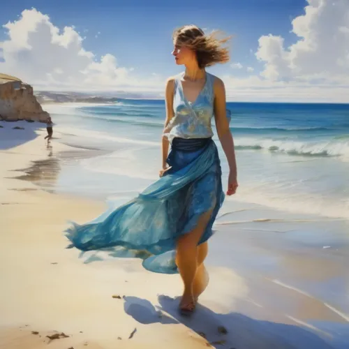 beautiful woman wlaking on the beach, the dress blows in the wind ,heatherley,donsky,fischl,world digital painting,girl on the dune,blue painting,girl walking away,woman walking,the wind from the sea,