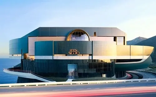 modern building on the side of highway next to ocean,futuristic art museum,niteroi,malaparte,utzon,snohetta,opera house,house of the sea,guggenheim museum,skylon,auditorio,futuristic architecture,niem