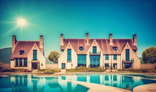 glass bricks tiles garden sunlight blue sky landscape people lake trees park hotel forest mountains,large house on the lawn is built into the hillside,pool house,house insurance,luxury property,leaseh