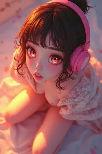 Nude female. Kneeling. Eyelashes: glittering. Eyes: glowing. Lewd. Cartoon style. . Weather: rays of sun. Hairs: brown, bun. Wearing: loosely cape, pink ring, light pink headphones. Glossy jade lips, 
