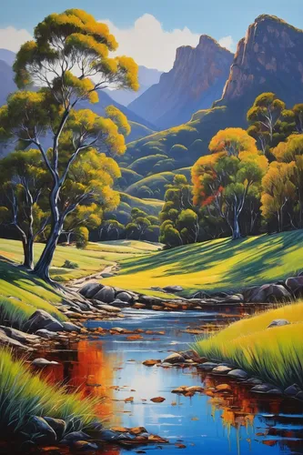 Vida Guerr is a talented artist residing in a picturesque countryside. Describe her painting a breathtaking landscape in vivid detail.,river landscape,tasmania,brook landscape,drakensberg mountains,ca