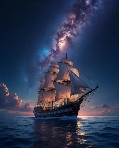 A majestic digital illustration of a 17th-18th century sailing ship with grand sails, navigating the ocean beneath a vast, dark night sky. The sky is illuminated by a brilliant, glowing Milky Way that