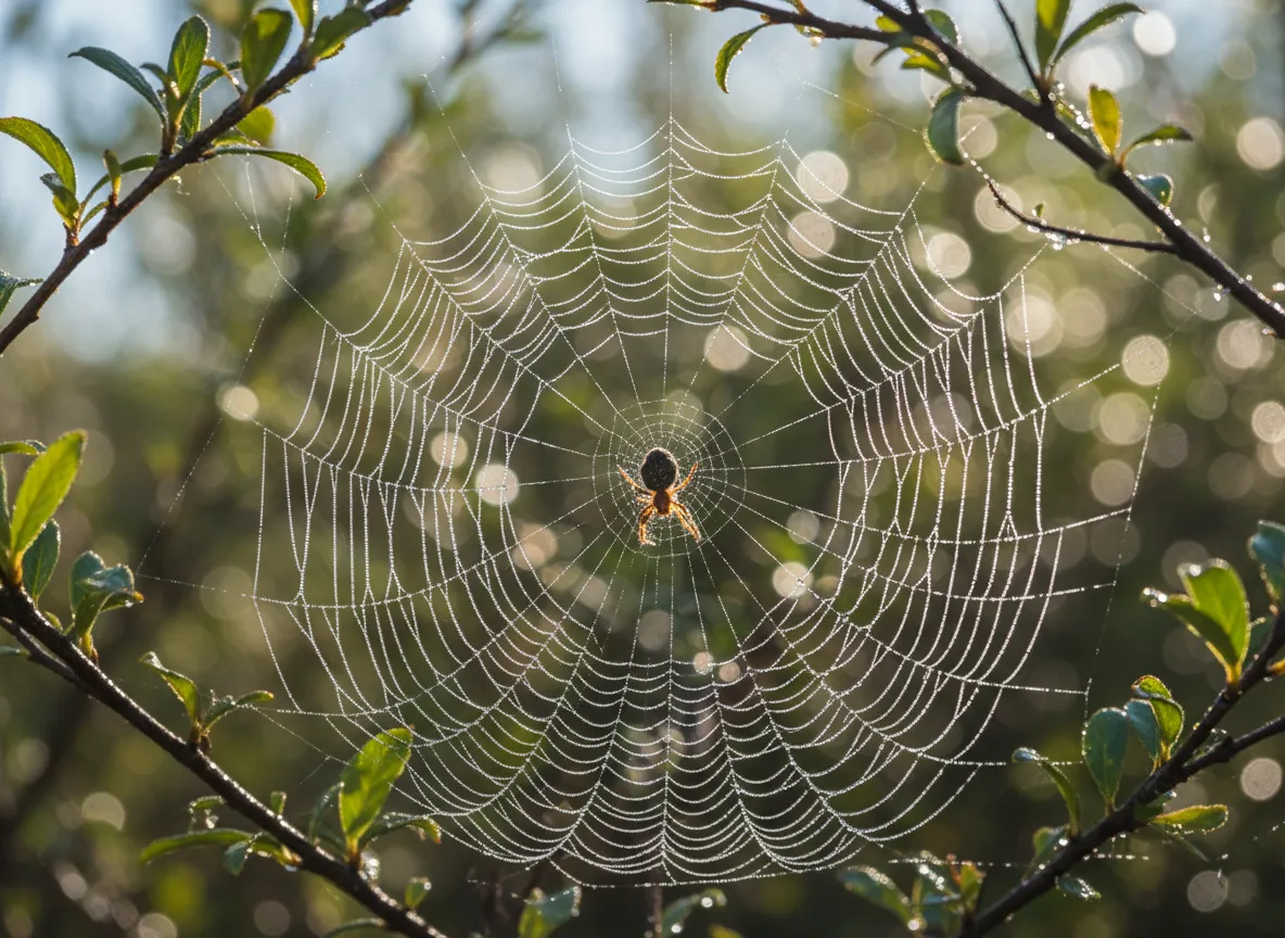 ओस से ढके मकड़ी के जाले की AI छवि जिसमें एक नरम, आउट-ऑफ-फोकस बोकेह बैकग्राउंड है, जो शैलो डेप्थ ऑफ फील्ड इफेक्ट को उजागर करता है।