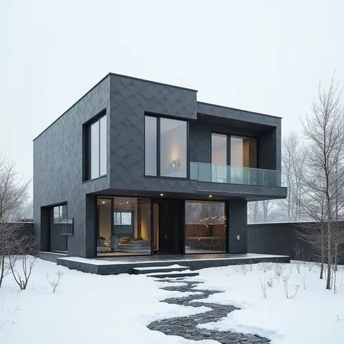 ,a black home is seen on a snowy day,cubic house,cube house,modern house,winter house,modern architecture,arkitekter,snow house,house shape,scandinavian style,danish house,timber house,frame house,in