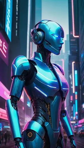 Futuristic sci-fi cover page, AI robot, metallic body, glowing blue circuits, neon lights, futuristic cityscape background, skyscrapers, holographic screens, virtual reality, 3D matrix codes, cyberpun