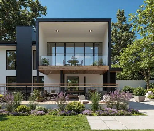 A photo-realistic rendering of a modern two-story house with a contemporary design. the house has a black and white exterior with large windows and a wooden deck. The deck is surrounded by a black met