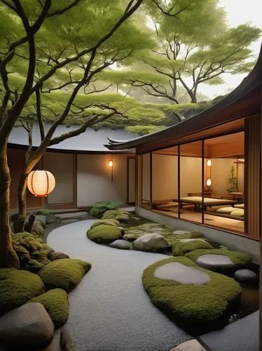 Tomaro-inspired architecture, modern Japanese-style building, curved lines, minimalist design, large windows, sliding doors, natural wood accents, paper lanterns, Zen garden, koi pond, stepping stones