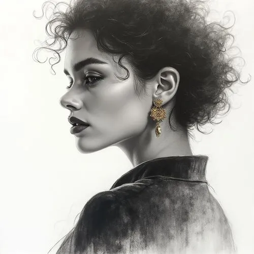 fashion show's atmosphere,, black sleeves below it Top fashion poster, female model wearing a pair of stylish earrings made with gold, contour light, ear close-up, fine skin texture, earrings highligh