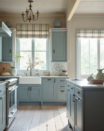 A serene indoor design emphasizing natural materials and a muted blue palette. The cabinetry in soft grey-blue tones is paired with rustic wooden flooring and a marble-textured island. A large window 