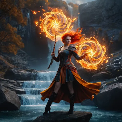 Pyromancer wizard, in the distance, action pose, cast spell, luminous fireball, dancing fire, pale skin, orange - red hair, slim, young, neon mantle, chignon, beautiful scenery, wonderful world, fire 