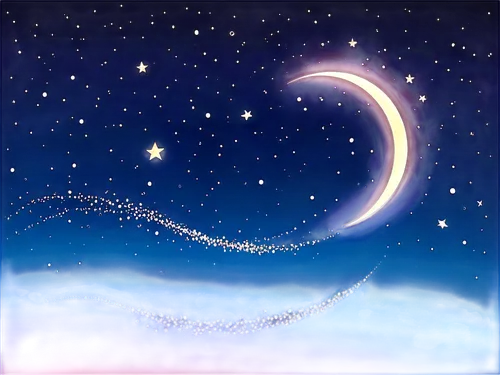 Night sky, stars twinkling, dark blue gradient, crescent moon, scattered constellations, shooting star, soft glow, 3/4 composition, low angle shot, cinematic lighting, vibrant color tone, detailed tex