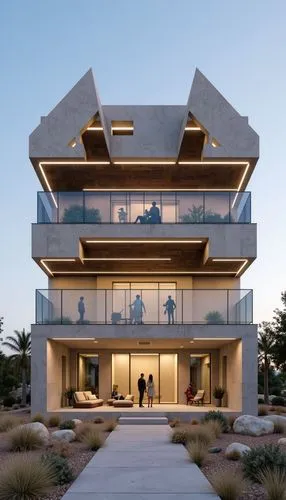 Frontal photography of the facade of a theater in the Israeli desert, made from giant carved stone rocks. The three-story structure is suspended from the roof with a light composition inspired by the 