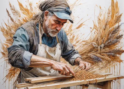 Convey the smooth texture of grains as they slide through an artisan's hands in a bustling mill.,grain harvest,khorasan wheat,strands of wheat,straw harvest,threshing,basket weaver,wheat grasses,wheat
