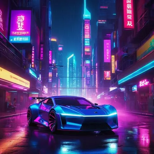 A futuristic sports car with a sleek, aerodynamic design, featuring a vibrant purple exterior and neon blue and pink accents. It's parked on a rain-soaked city street at night, illuminated by colorful