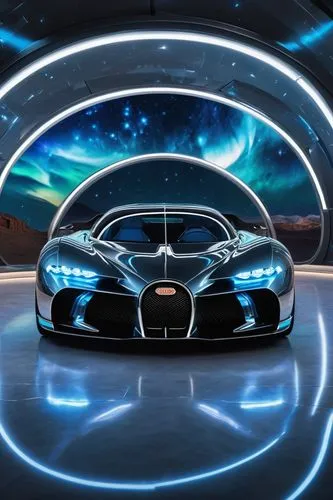 Galaxy Bugatti, futuristic spaceship, luxurious interior, metallic silver body, neon blue accents, sleek curved lines, gull-wing doors, LED lights, chrome wheels, leather seats, holographic dashboard,