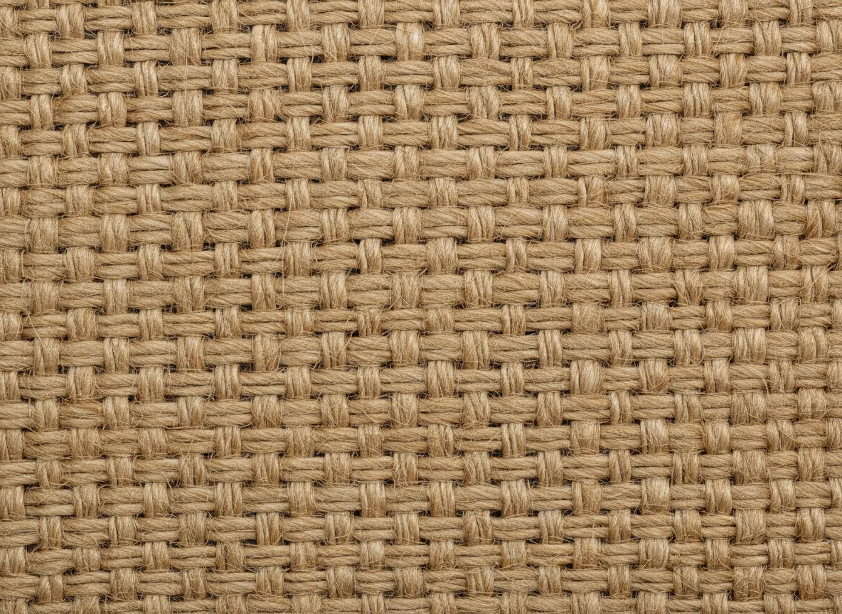 Un primo piano di una texture di iuta generata dall'AI, che mostra il dettaglio intricato delle fibre di iuta intrecciate e un'illuminazione realistica.