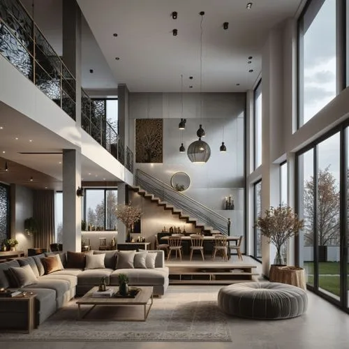 A modern living room space, inspired by Ukrainian design style, with a floor height of 5 meters, considering the relationship between space and people and the environment, and the lighting effect duri