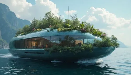 Design marine-inspired mobile pods harmonizing ecosystems with cutting-edge eco-tech. ship inside,this futuristic floating house is made of plants,floating islands,floating island,floating huts,island