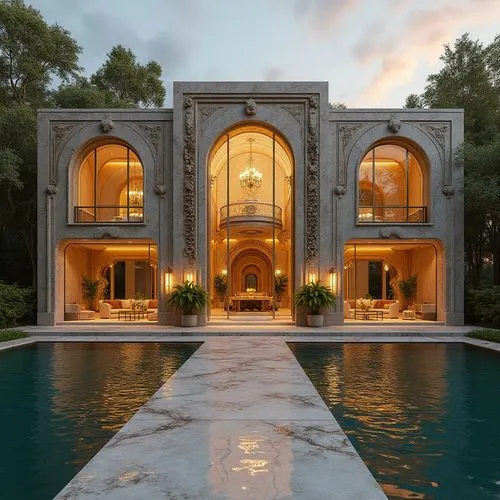 Design a villa with a gold-plated facade, Swarovski crystal lighting, and hand-carved marble interiors,an architecturally styled house in the evening,amanresorts,persian architecture,pool house,marble
