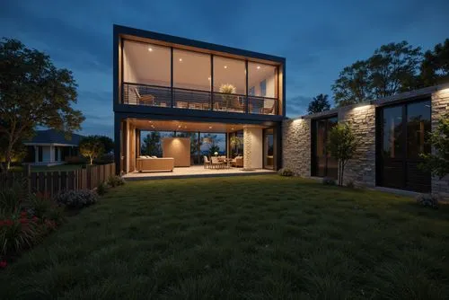
A photo-realistic rendering of a modern, minimalist house with a contemporary design. the house is located in a suburban area, with a well-manicured lawn and a wooden bathtub in the foreground. the e