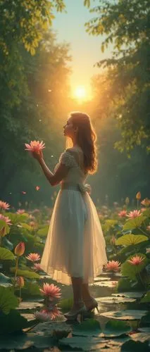 In the center of a lush garden, there is a serene lily pad, filled with colorful flowers. The sun is just beginning to rise, casting a warm orange glow on the leaves of the trees and the surrounding f