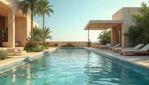 Harmonious pool environment, khaki color schemes, serene atmosphere, sunny day, clear blue sky, gentle ripples on water surface, luxurious outdoor furniture, soft cushions, natural stone flooring, lus