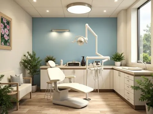 Calming dental clinic atmosphere, soft beige walls, gentle blue accents, creamy white furniture, warm wooden floors, natural stone countertops, calming greenery, lush plants, serene artwork, minimal d