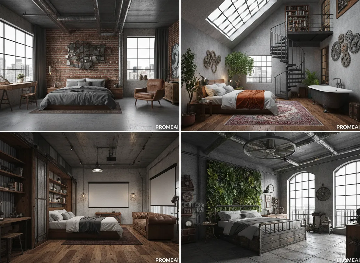 PromeAI द्वारा उत्पन्न चार अलग-अलग इंडस्ट्रियल लॉफ़्ट बेडरूम प्रेरणाओं का एक ग्रिड, जो लेआउट और सजावट में विविधताएँ दिखाता है।