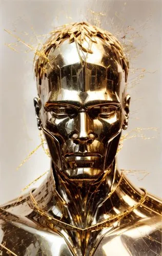 A metal man.,gold mask,golden mask,c-3po,gold paint stroke,random access memory,gold foil 2020,foil and gold,foil,bot icon,golden scale,destroy,cleanup,yellow-gold,tin,metal,gold wall,golden crown,met