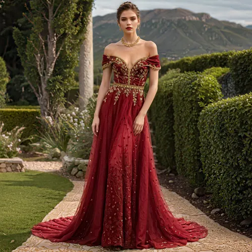 keep the gold embroidery on the dress, but change the face of the model completely--make it more feminine, young and more round. Add some dark red lipstick and eyeliner and some very visible blush. ch