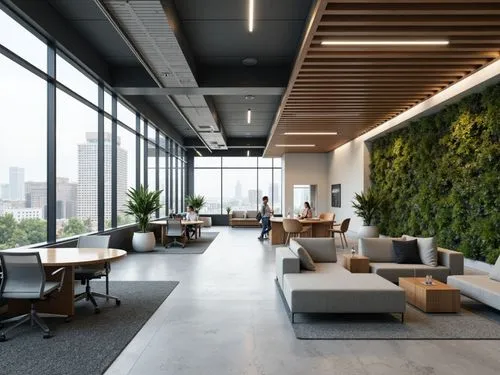Modern office interior, sleek minimalist design, functional layouts, collaborative workspaces, ergonomic furniture, adjustable desks, comfortable seating areas, ample natural light, floor-to-ceiling w