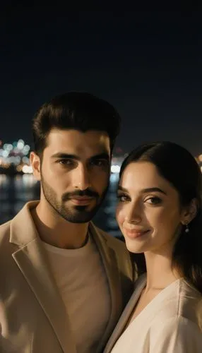 
A handsome young Arab man, light olive skin, sharp jawline, soft beard, expressive brown eyes, stylish black hair, wearing elegant casual clothes in neutral tones, cinematic romantic aura.
A beautifu