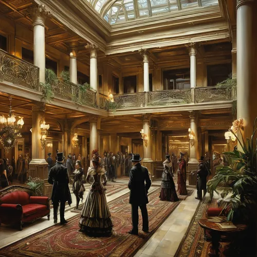 A bustling hotel lobby, victorian, warframe
,ballroom,victorian style,the victorian era,royal interior,victorian,gleneagles hotel,grand hotel,wade rooms,downton abbey,entrance hall,europe palace,balmo