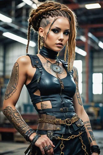 **trans-Neptunian Space Pirate Dock Worker fashion photography, hair braids and Neptunian tribal tattoos, avent apocalypse, cyberknitpunk, salvagepunk, cyberghetto, moody dark neptunian color palette,
