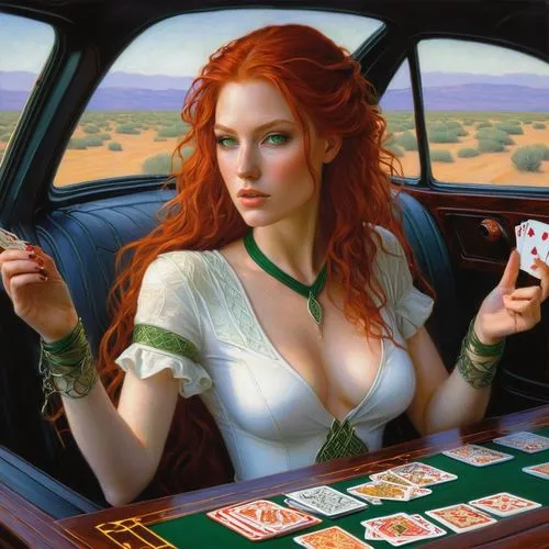 28 year old beautiful woman with red hair and green eyes.  She is a sorceress in a skin tight, low cut white body suit and uses playing cards with Celtic symbols on the car  for her magic.,a woman hol
