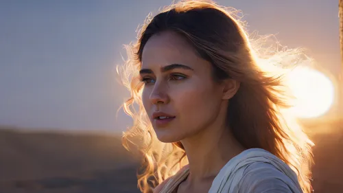 A woman with  the sun，good result，4k， high frame rate,over the shoulder shot,girl on the dune,desert background,digital compositing,visual effect lighting,moana,woman of straw,bayan ovoo,thracian,woma