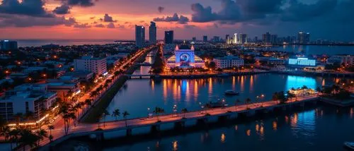 miami beach,night time po of a city lit up,colorful city,south beach,grand canal,key west,fisher island,blue hour,splendid colors,venetian,fantasy city,city skyline,old port,city moat,gulf coast,night
