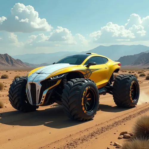 a yellow four - doored, lifted off road vehicle with huge tires rides on sand, hills and clouds in the background,deserticola,off-road car,desert run,concept car,motorstorm,spyder,off-road vehicle,atv