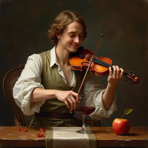 /imagine prompt: A joyful man playing a violin with a glass of wine and an apple on the table, in a Baroque-style painting. --v 5 --ar 16:9,a woman with violin and red wine in front of an apple,violin