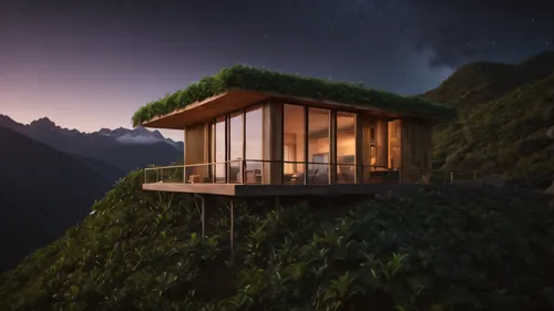 warm tropical architecture minimalist cabin in top of a mountain with the stars of the night timelapse, high quality, 8k