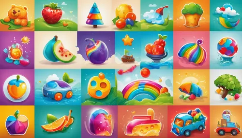 Design a playful and colorful iconfont for a children's app,fruits icons,fruit icons,ice cream icons,colorful vegetables,food icons,icon set,fruit vegetables,party icons,set of icons,fairy tale icons,