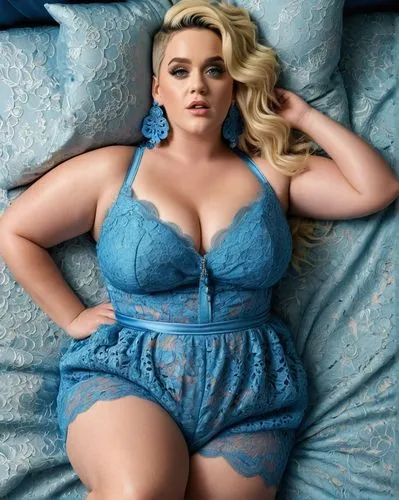 Light-haired  plus-sized chubby  girl Katy Perry with textured skin, big blue eyes, delicate earrings and a lace prom V-neckline jumpsuit，lying on her back on a bed, by Eddie Mendoza,plus-size model,p
