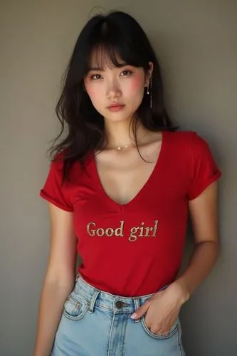 A 27-year-old Asian woman of Chinese descent. She has bangs and a sweet face. Athletic and fit, she has a very feminine top curves. She has pretty ear piercings.

She wears a red deep V-neck t-shirt w