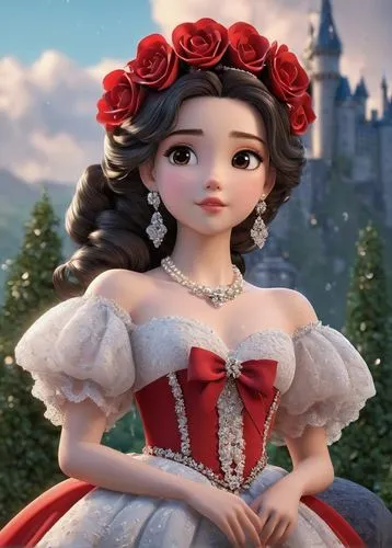 PRINCESS. MODESTLY DRESSED. YOUNG ADULT. RED AND WHITE PRINCESS GOWN. SMALL TIARA ON HEAD AND ROSES IN HAIR. PUFF SLEEVES. LOTS OF FRILLS AND SASHES. CRYSTAL EARRINGS. PEARL NECKLACE. CRYSTAL BANGLES.