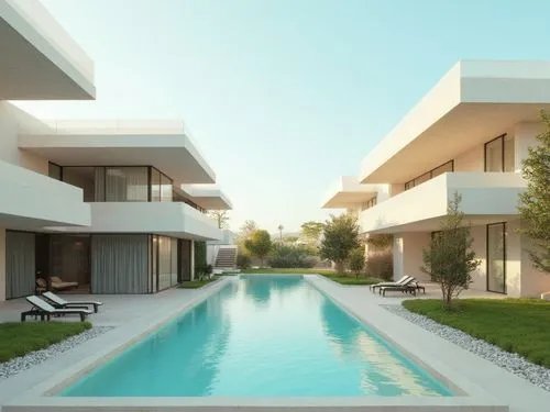 dos edificios residenciales con terrazas y una piscina. La imagen es minimalista, en tonos claros y con barandillas de vidrio. La foto es en tono claro,a home swimming pool with lawn seating and grass