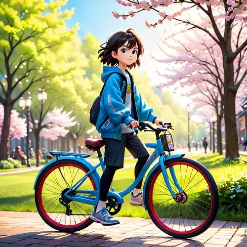 japanese style, manga, realistic,colors,spring,bike,a  is riding a bike by the trees,bicycle,biking,bicycle ride,bike kids,bike,cycling,Anime,Anime,Cartoon